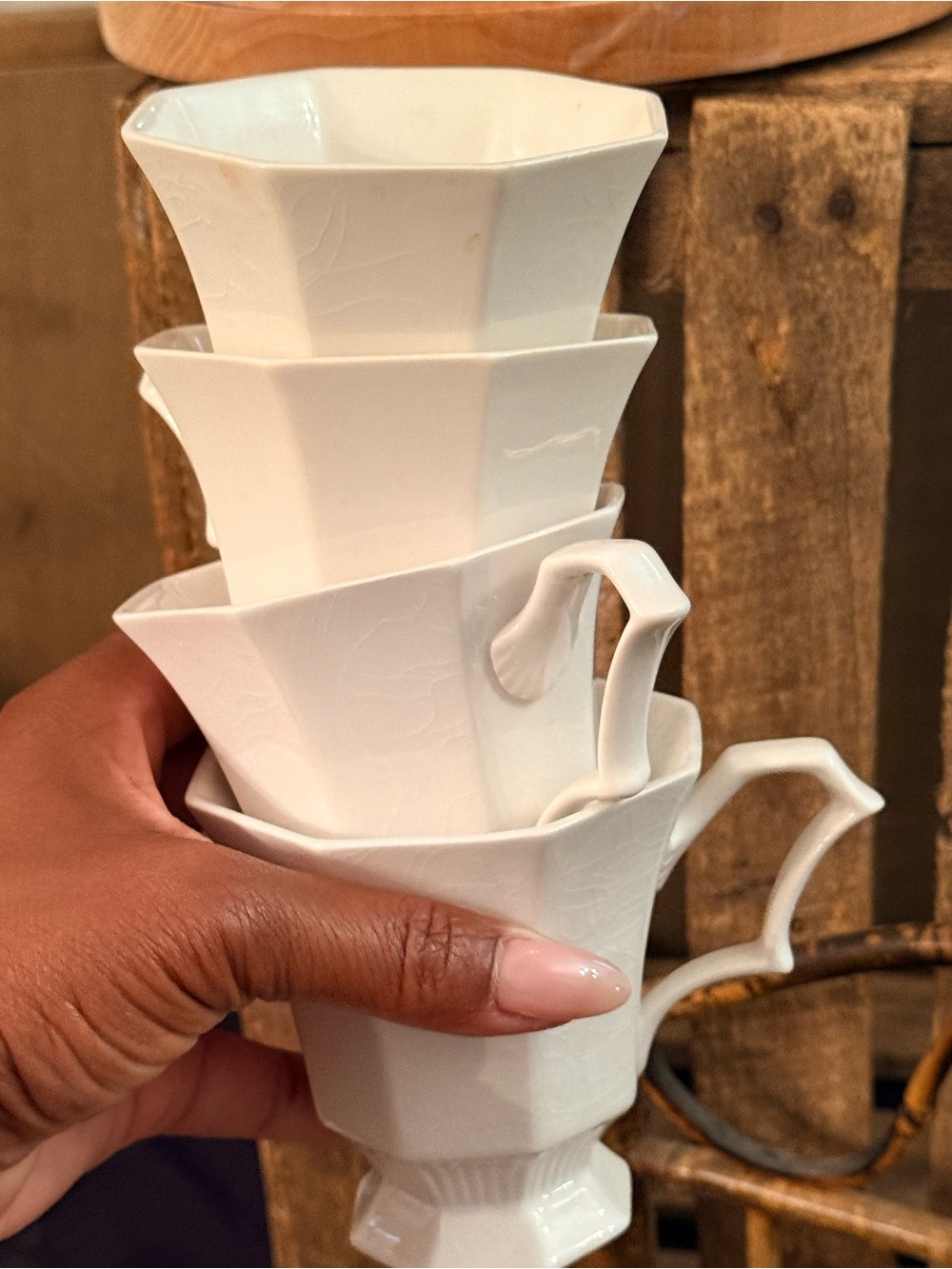 Stack of White Geometric Porcelain IronStone Teacups
